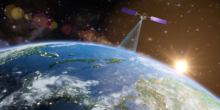 Space optical remote sensing payload in action: a laser is used to beam data to earth from spacecraft like the ISS.